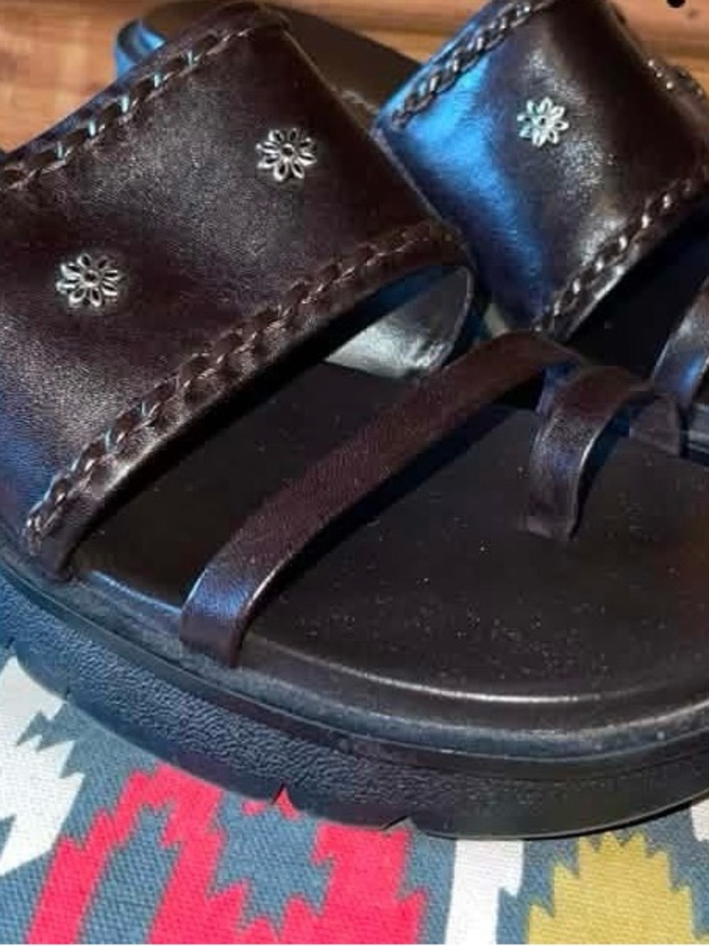 BareTraps Dark Brown Girls' Leather Slide Sandals with Stud Accents